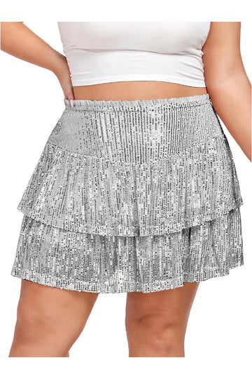 Woochic Jupe à paillettes femme Mini jupe sequin brillant pour soiré Grande taille Argenté XL
